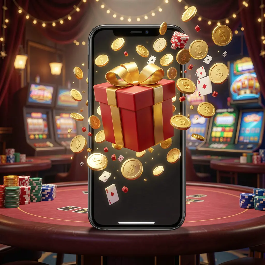 KL77 mobile casino bonus app concept showing a phone screen with a gift box and coins bursting out in a festive casino atmosphere