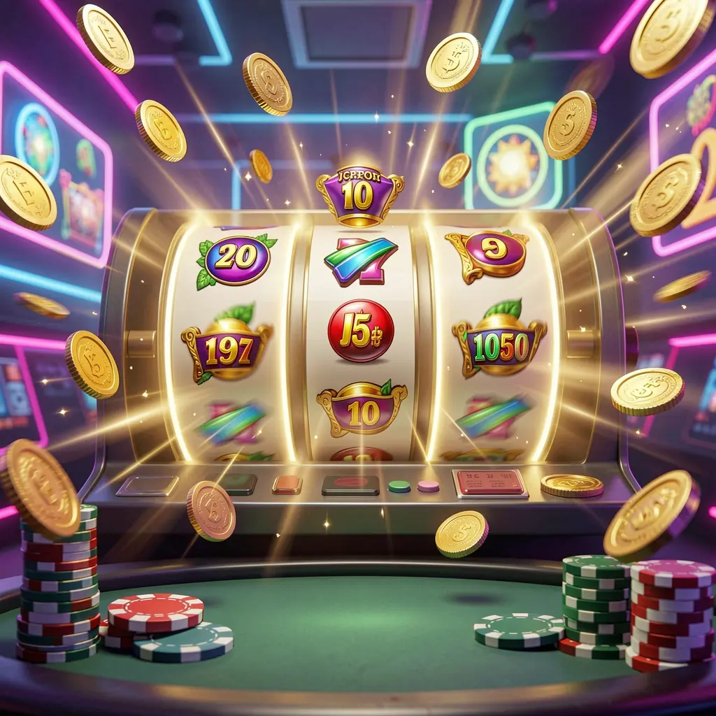 KL77 online casino free spins bonus concept featuring colorful slot machine reels spinning with golden light effects, flying coins, jackpot symbols, and casino chips on a vibrant neon background in a dynamic 3D render