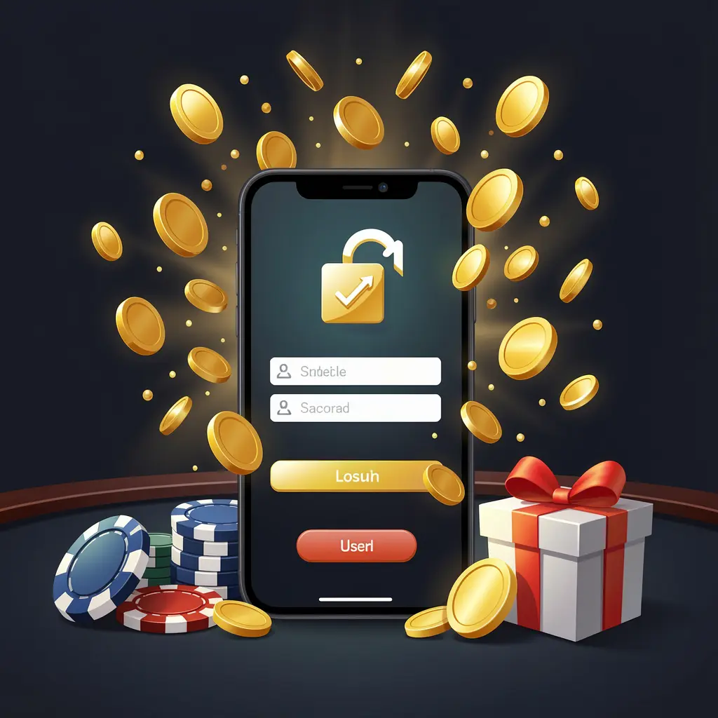 KL77 casino user login illustration showing a phone with a secure access icon, golden coins bursting from the screen, poker chips and a gift box nearby on a dark premium background