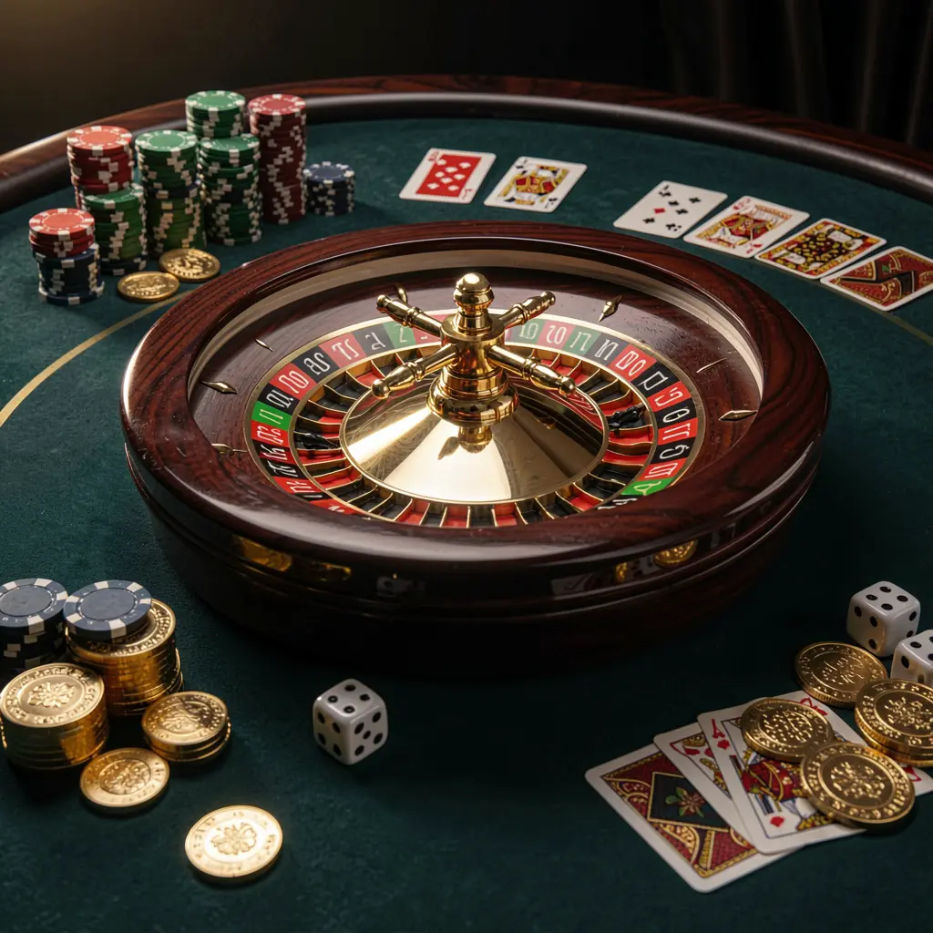 KL77 premium casino homepage scene featuring a roulette wheel spinning on a glossy table surrounded by poker chips, dice, cards, and golden coins against an elegant dark background with cinematic lighting